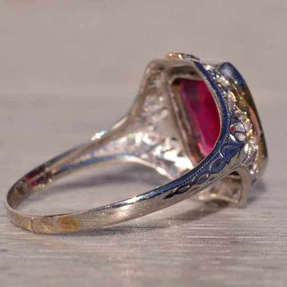 Art Deco Era Lab Ruby Ring in Tri Color Filigree Mounting - Picture 4 of 9
